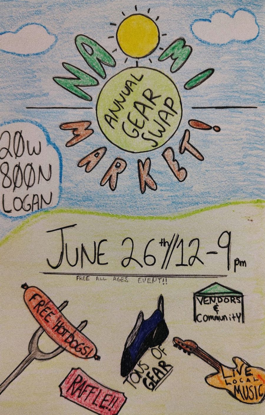 Hand-drawn Naomi Market Gear Swap 2026 poster, June 26th