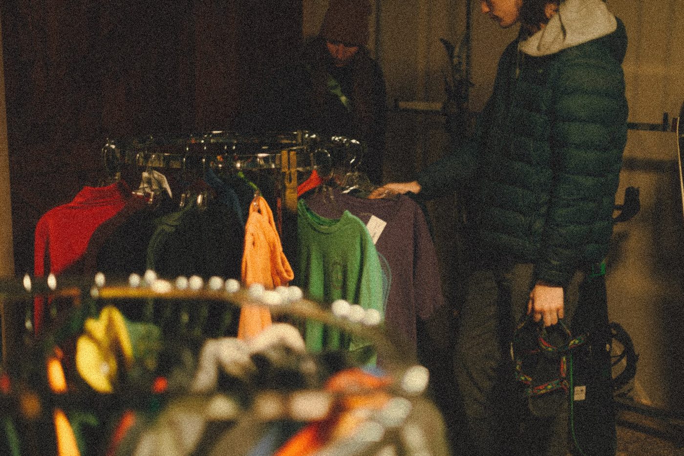 Racks of colorful jackets inside the shop